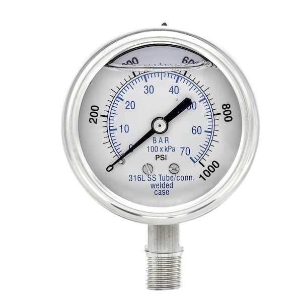 Pro 2 1/2 in Dial, 0/1000 PSI & Bar, 1/4 in NPT, Lower Mount Glycerin Filled Pressure Gauge PRO-301L-254M-01 - main